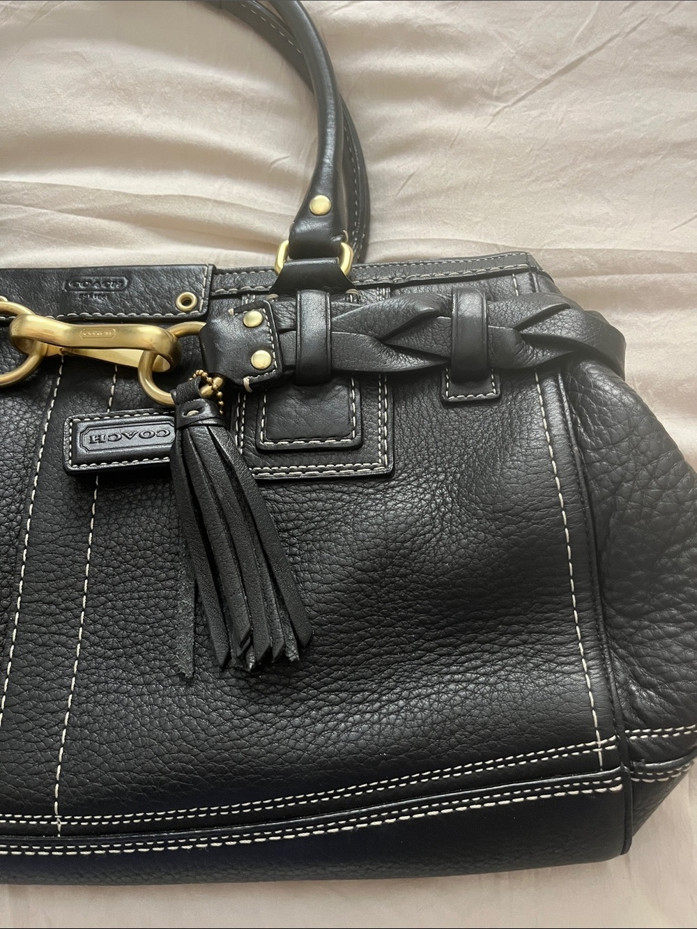 Coach Black Pebbled Leather Shoulder Bag with Braided Trim - Picture 3 of 8